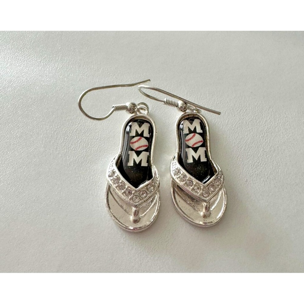 I Heart Baseball Flip Flop‎ Earrings Silver Tone Rhinestone Dangle Women's
